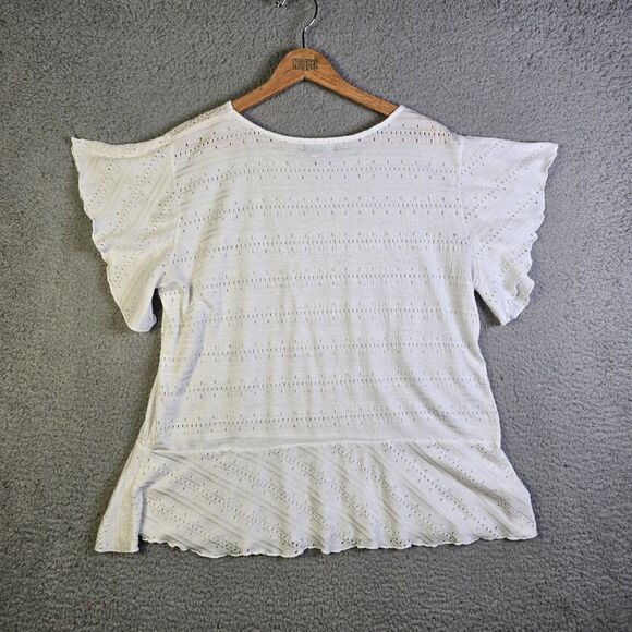 SML Sport Large White Eyelet Knit Ruffle Peplum Flutter Sleeve Summer Top Shirt - Picture 5 of 8